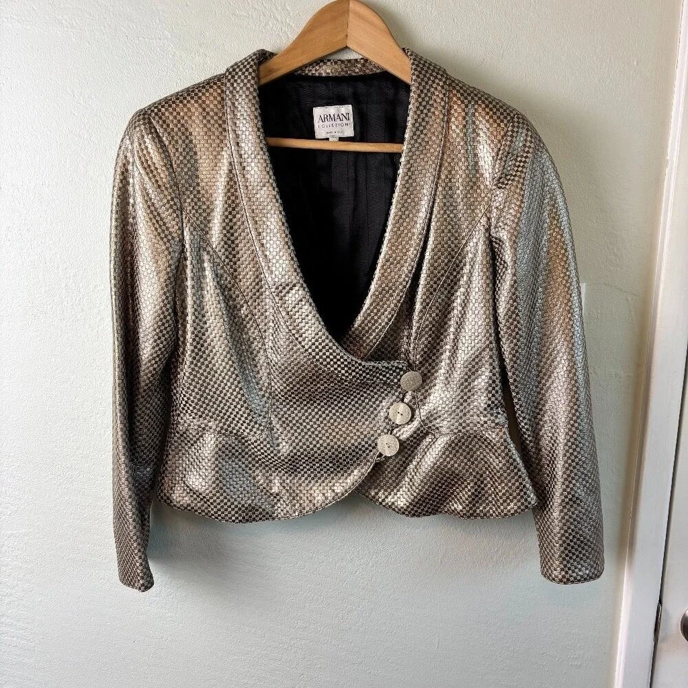 Armani Collezioni Metallic Leather Blazer Jacket Women's 6 Italian 42 Made Italy